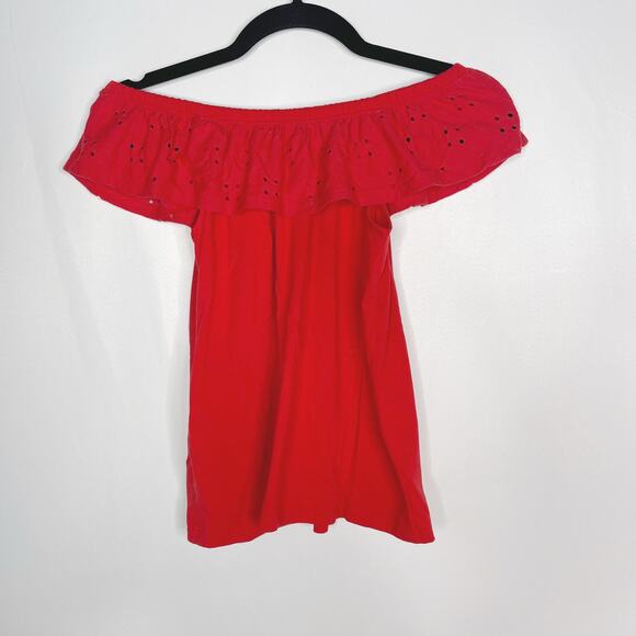 Abercrombie Kids Girls 13/ 14 Red Eyelet Off The Shoulder Tee Button Cotton - Picture 2 of 7